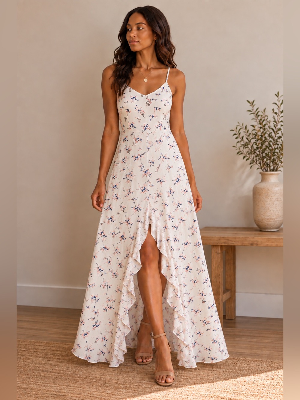 Sugar + Lips M Floral Cascading Ruffle High Low Maxi Dress
